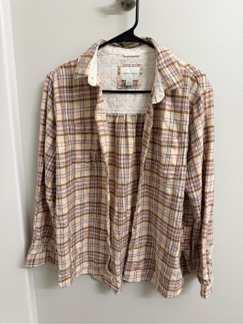 American Eagle Outfitters Cream and Brown Plaid Button-Down Shirt - 100% Cotton